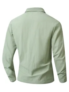 Back view detail of casual light green men's long sleeve shirt with classic lapel collar.