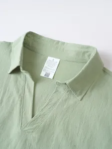 Men's solid color linen blend long sleeve polo shirt V-neck casual beach top apparel