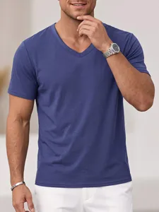 Men's casual V-neck short sleeve solid color T-shirt, comfortable basic summer top apparel.