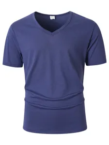 Close up view of the casual solid dark blue V-neck short sleeve men t-shirt detail.