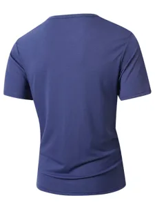 Maglietta casual da uomo monocolore con scollo a V e maniche corte blu scuro, top estivo.