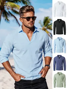 Men's Casual Solid Color Linen Blend Long Sleeve Henley Shirt V Neck Pullover Top For Beach Vacation Daily Wear