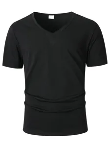 Classic men's solid black v-neck short sleeve t-shirt casual slim fit summer top basic tee
