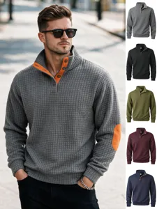 Sudadera Casual de Hombre con Cuello Alzado Manga Larga Tejido Waffle Corte Holgado Botonadura Pullover Top Retro