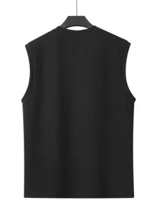 Ribbed knit texture detail of back view for men solid black slim fit casual vest top.