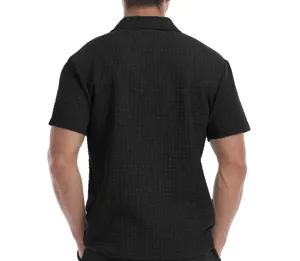 Herren schwarzes Waffelstrick Kurzarm Polohemd casual einfarbig Rueckenansicht Detail
