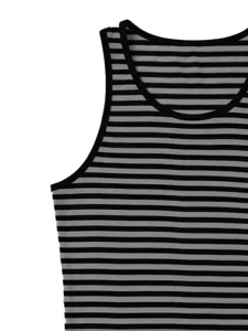 Close-up detail view of mens black and grey striped sleeveless tank top neckline.