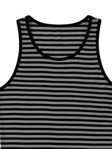 Close-up detail of men black grey striped sleeveless tank top collar round breathable fabric.