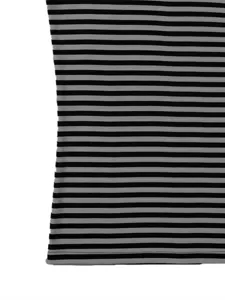 Close-up detail of black and grey horizontal striped fabric, breathable casual top feature.