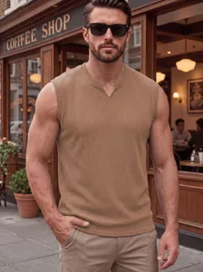 Men's casual slim fit knit V-neck sleeveless vest, stylish ribbed summer streetwear top.