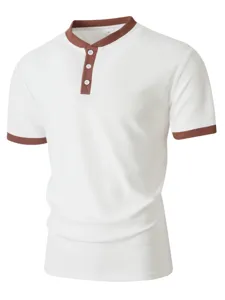 Men's casual waffle knit short sleeve Henley shirt featuring contrast color collar and functional buttons.