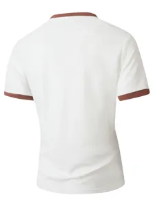 Back detail of white waffle knit short sleeve t-shirt with brown trim and cuffs.