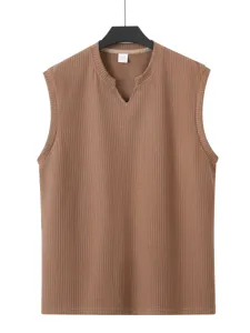 Men casual ribbed knit tank top v-neck sleeveless summer fitness sports vest brown M