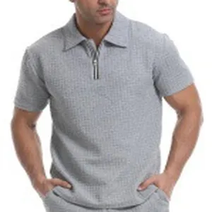 Herren Waffelstrick Kurzarm Polohemd lässiges Reißverschluss Oberteil Sommer Mode Bekleidung
