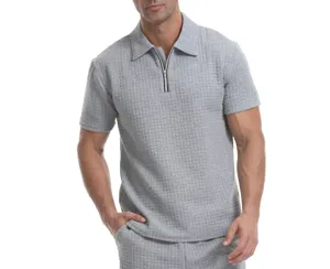 Herren grau Waffelstrick Polo Shirt Halbreißverschluss Freizeit Kurzarm Outfit