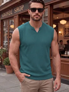Detail shot of men's ribbed knit V-neck sleeveless vest, showing vertical stripe texture.