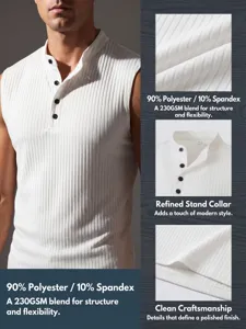Gros plan détaillé du gilet sans manches côtelé pour homme avec col montant et tissu 230gsm.