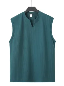 Men's knitted vertical stripe V-neck slim sleeveless vest, detailed view showing ribbed texture.