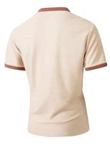 Back view detail of men's waffle knit short sleeve t-shirt in beige with contrast brown trim.
