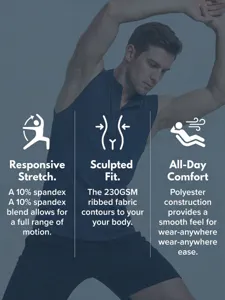 Vue de détail du débardeur de fitness côtelé pour homme avec tissu extensible 230GSM et confort.