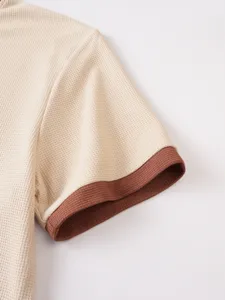 Men's waffle knit short sleeve tee cuff detail, beige and brown contrast design.