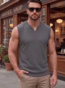 Men's summer knit ribbed tank top, V-neck wide shoulder slim fit casual gym vest gray.