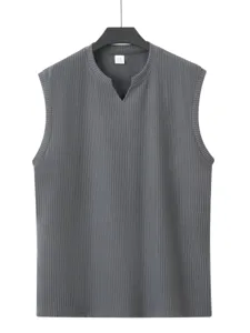 Detailed view of the dark grey ribbed knit tank top showing V-neck and collar label.