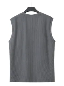 Close-up of the dark grey ribbed knit fabric texture and V-neck detail of the men's vest.
