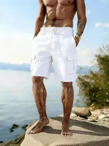 Men casual cotton linen cargo shorts with elastic drawstring waist and side pockets.