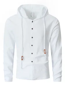 Chemise à capuche décontractée pour homme en coton et lin avec boutons en bois et cordon.