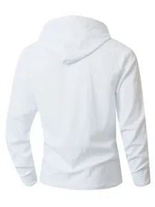 Chemise de loisirs homme blanc uni coton lin capuche manches longues arriere detail