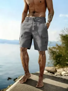 Men's casual gray cargo shorts with elastic drawstring waist and side pockets for outdoor wear.