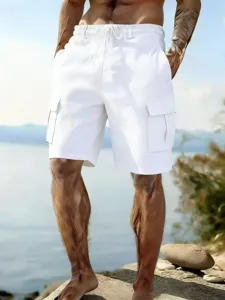 Men Casual Linen Cotton Cargo Shorts Summer Solid Color Drawstring Elastic Waist Beach Shorts