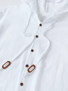 Chemise capuche homme lin coton detail blanc multi boutons haut printemps automne