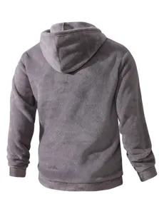Felpa con cappuccio in pile peluche grigio tinta unita da uomo, vista posteriore calda.