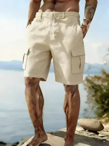 Men casual solid color cargo shorts with elastic drawstring waist and side pockets main view.