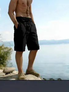 Men's casual solid color drawstring elastic waist beach cotton linen cargo shorts main view