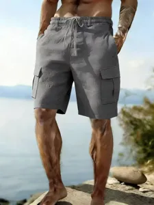 Men casual cotton linen cargo shorts elastic waist solid beach shorts summer daily wear grey