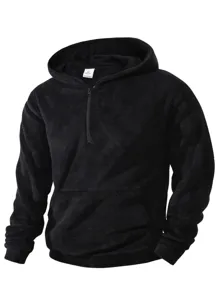 Felpa con cappuccio uomo in pile nero mezza zip invernale calda, comoda e casual
