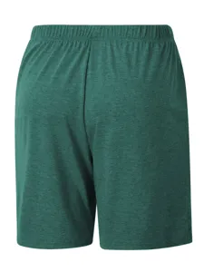 Back view detail of men's dark green textured casual shorts with elastic waistband.