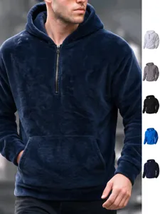 Felpa con Cappuccio da Uomo Casual in Pile di Corallo Mezza Cerniera Inverno Caldo Manica Lunga Tinta Unita Basic Larga