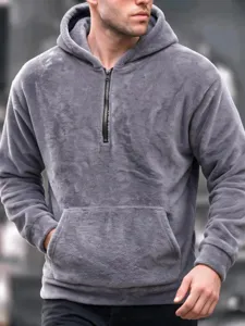Felpa con cappuccio grigia in morbido pile da uomo pullover invernale caldo con mezza zip