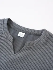 Men's V-neck ribbed knit vest detail, slim fit summer top in gray color with size M tag.