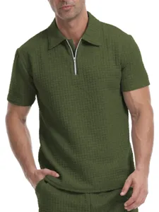 Herren gruen Waffelstrick Kurzarm Reissverschluss Polo Shirt Freizeit Top Set Hauptbild