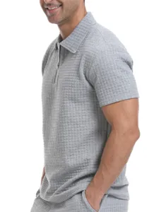 Herren graues Waffelstrick Kurzarm Polo Shirt mit Reißverschluss und Kragen Sommer