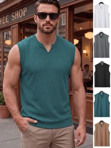 Men's Summer Knitted Vertical Striped Tank Top V Neck Wide Shoulder Slim Fit Vest For Gym Fitness Casual Sports Sleeveless Top