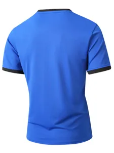 Maglietta uomo blu colorblock manica corta casual estate top base vista dettagli.