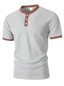 Men's waffle knit short sleeve Henley t-shirt with contrast color trim casual top.