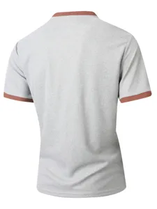 Men's waffle knit short sleeve shirt detail back view, casual contrast color design top.