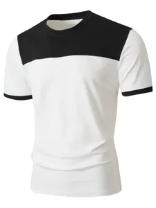 T-shirt casual da uomo a maniche corte, design colorblock con girocollo, abbigliamento comodo.